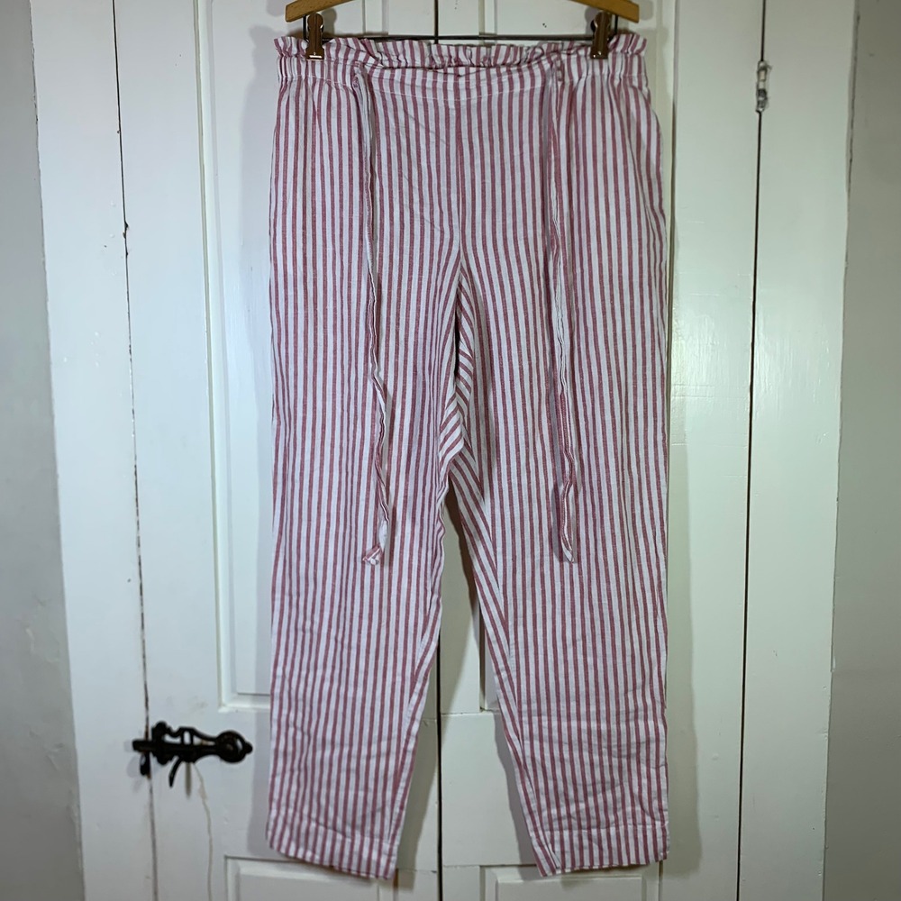 Beachlunchlounge Red White Striped Linen Blend Paperbag Waist Pants Beachy Large